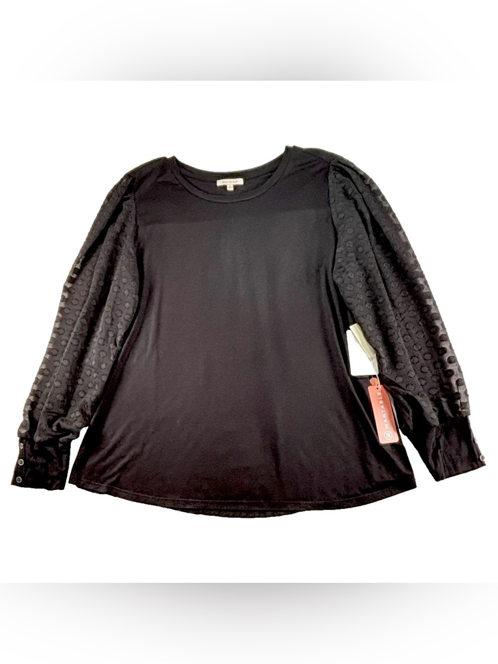 Black Sheer Clip Dot Back & Sleeve Dressy Blouse Womens XL Mixed Media NWT